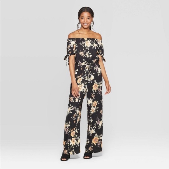 Xhilaration Pants - Xhilaration Floral Off Shoulder Jumpsuit Black Wide Leg Women’s Large